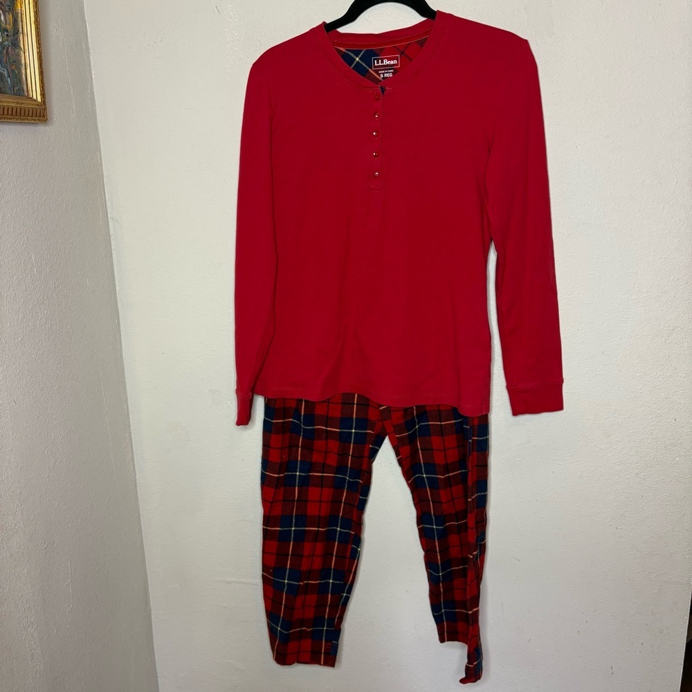 L.L. Bean Women's Red Henley Top & Red Plaid Pajama Pant Set Small